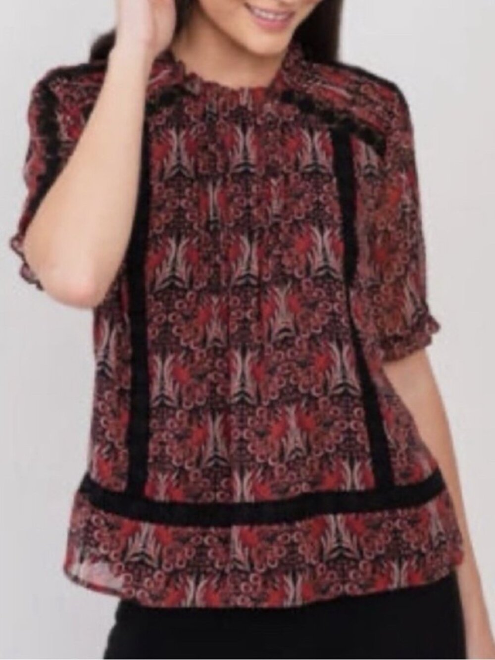 Daniel Rainn Anthropologie Tina Peacock Print Boho Blouse Burgundy Women’s S